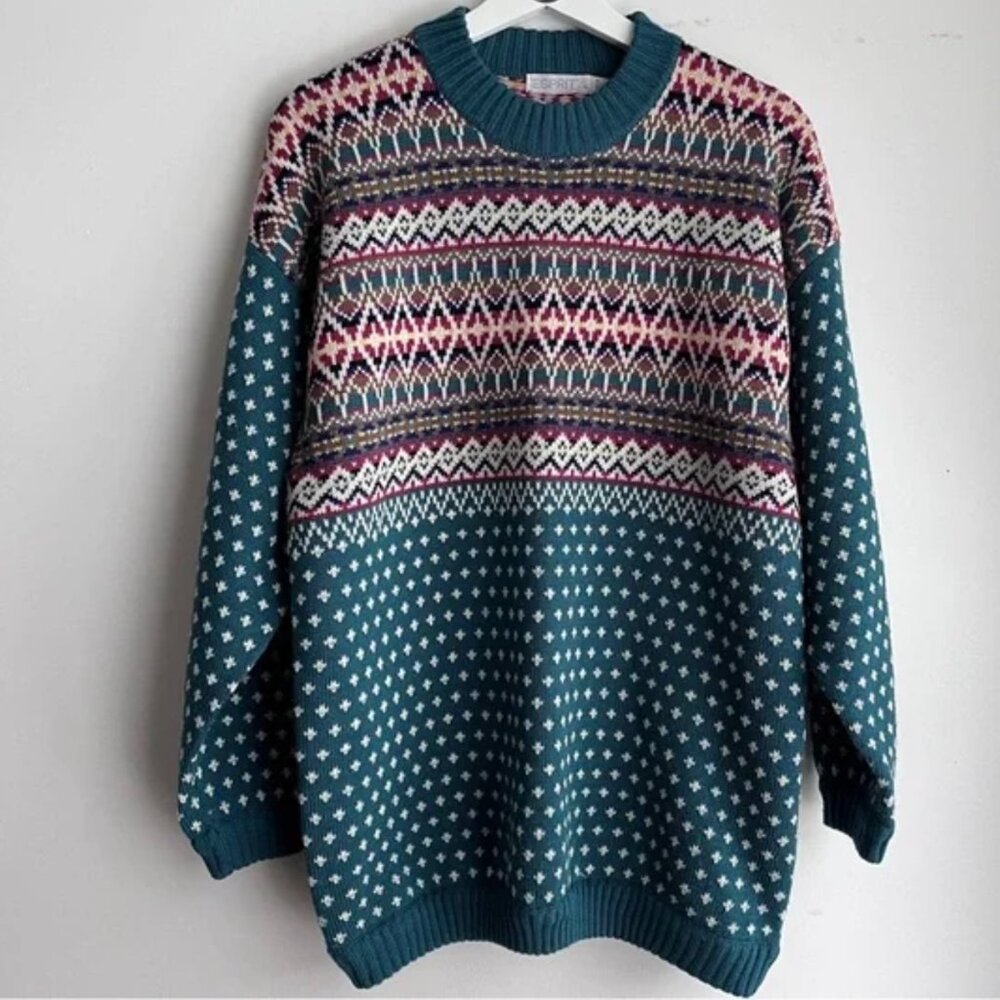 Esprit Teal Patterned Oversized 80s Sweater